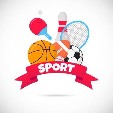 Futbol, futbol, basketbol - Topları ile Spor düz stil tasarım ekipmanları poster vektör illüstrasyon. Bowling pin, tenis ve ping pong raket, büyük kırmızı kurdele ve metin alanı beyaz izole.