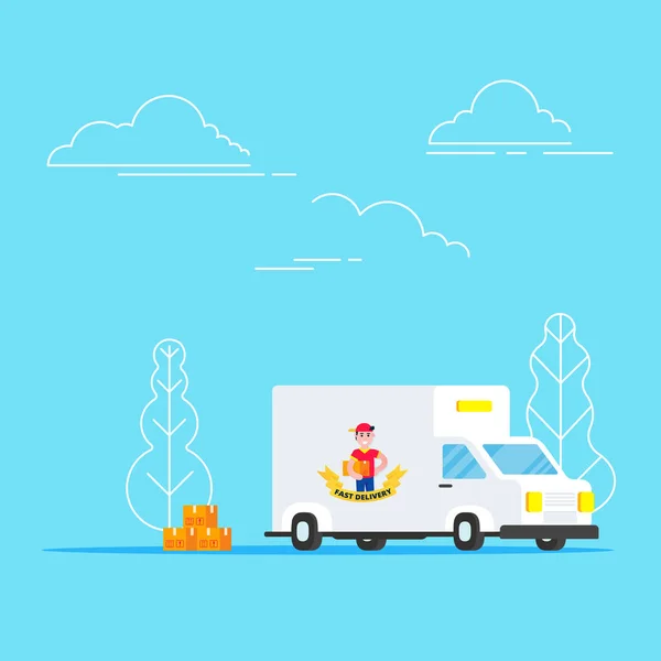 Fast red delivery vehicle car van and boy character and boxes flat style design vector illustration isolated on light blue background.  Symbol of delivery company.
