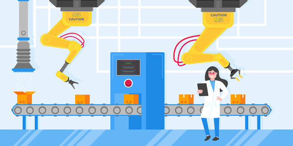 Smart industry 4.0 and technology assembly line flat style design vector illustration concept. Production conveyor belt and operator production line with robot arms, cardboard boxes and automated line