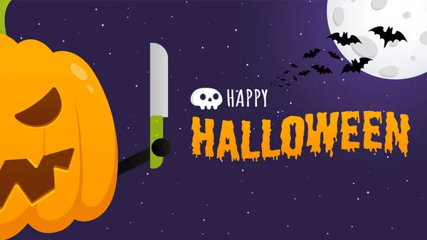 Happy halloween poster with pumpkin scary face expression grimace and knife — Stock Vector