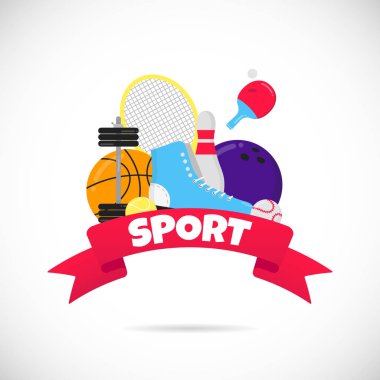 Tenis, bowling, basketbol - topları ile Spor oyun kompozisyon. Buz pateni ayakkabı ve ping pong raket, disk vb ... Spor ekipmanları düz stil tasarım vektör illüstrasyon beyaz izole.