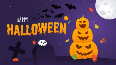 Korkunç yüzleri ifade grimace ile Mutlu halloween kabaklar, ay ile