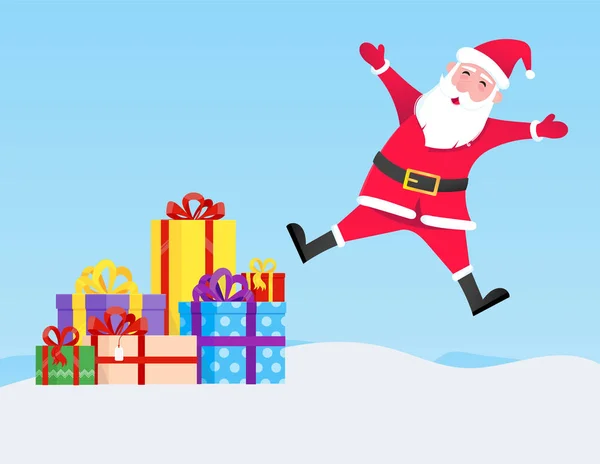 Papai Noel salta com chapéu, barba e rosto sorridente caráter de estilo plano — Vetor de Stock