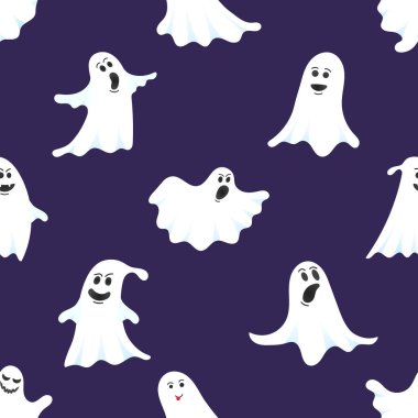 Karikatür tasarım tarzı hayaletler vektör illüstrasyon seti seti ile Halloween sorunsuz desen