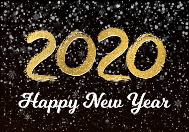 2020 karanlıkta düşen kar ile mutlu yeni yıl kartpostal, dondurulmuş numaraları 2020, kar drifts, arka plan düz stil tasarım vektör illüstrasyon. Metal sıçan yılı.