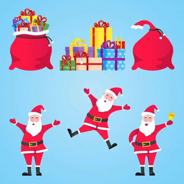 Papai Noel e sacos de presente com presentes definir estilo plano personagem vetor ilustração . — Vetor de Stock