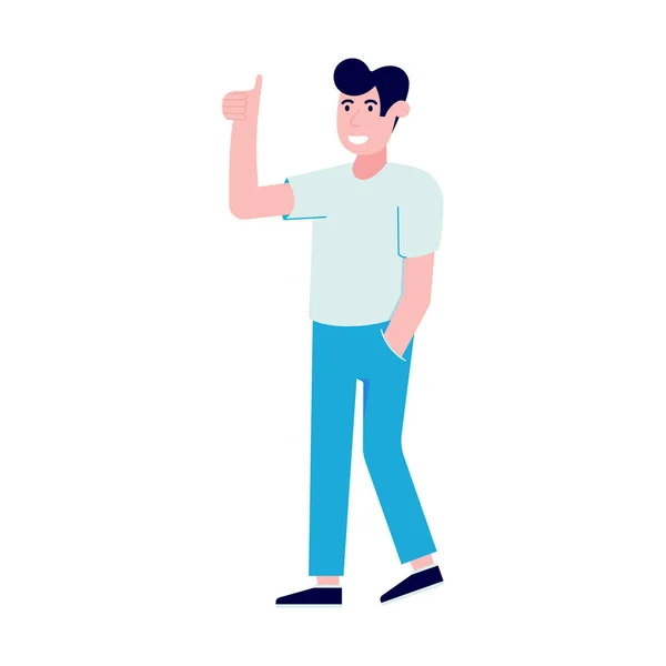 Sonriente hombre en estilo casual de pie y muestra el pulgar — Vector de stock