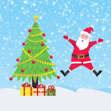 Noel Baba noel ağacı köknar ve mevcut hediyeler düşen kar ile atlama ile