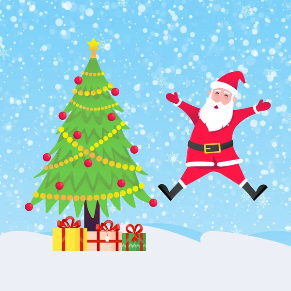 Papai Noel com abeto de árvore de natal e presentes saltando com neve caindo — Vetor de Stock