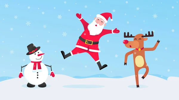 Papai Noel, boneco de neve e renas estilo plano personagem vetor ilustração — Vetor de Stock