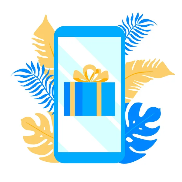 Smartphone with gift on the screen and plants behing — Stock Vector