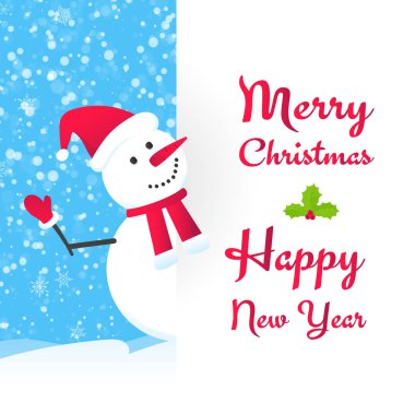 Eldivenli ve şapkalı kardan adam mutlu Noeller diler.