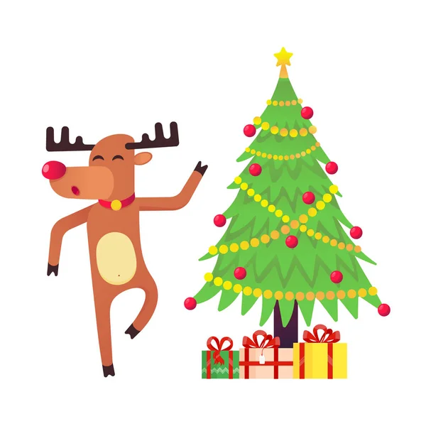 As renas de Natal dançando perto da árvore de Natal — Vetor de Stock