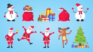 Noel Baba, hediye ile hediye çantaları, kardan adam, noel ağacı, reindeer seti