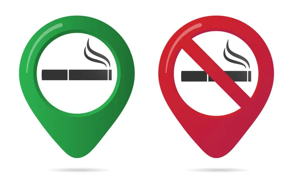 No smoking and smoking area marker map pin icon sign set with flat design gradient styled cigarette in the forbidden red circle. Symbol of the smoking area in the map apps isolated on white background