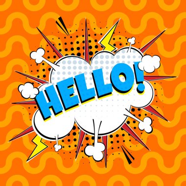 Duygu için metin ile çizgi roman harfleri konuşma kabarcığı Merhaba çizgi roman tarzı düz tasarım.