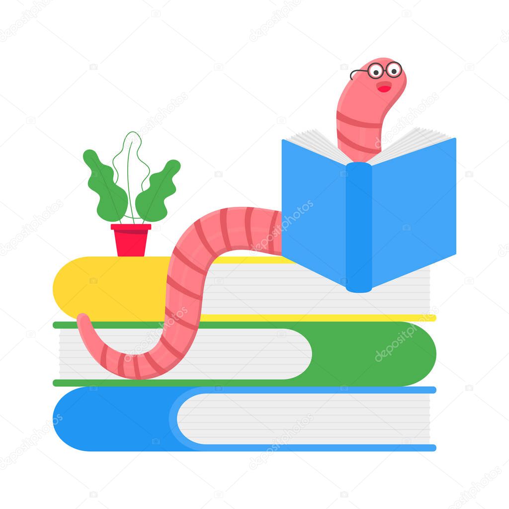 Cartoon style earthworm with book and glasses vector illustration