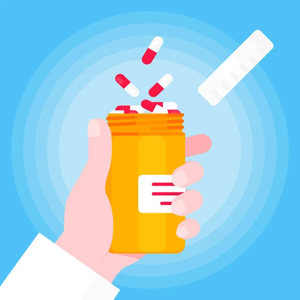 Doctor hand holds pill bottle for capsules or tablets flat style design vector illustration. — Stock Vector