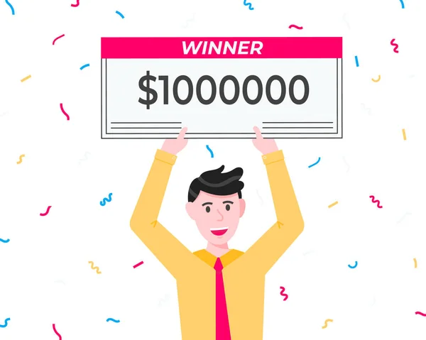 Happy lottery winner with big prize paycheck. — Stock Vector