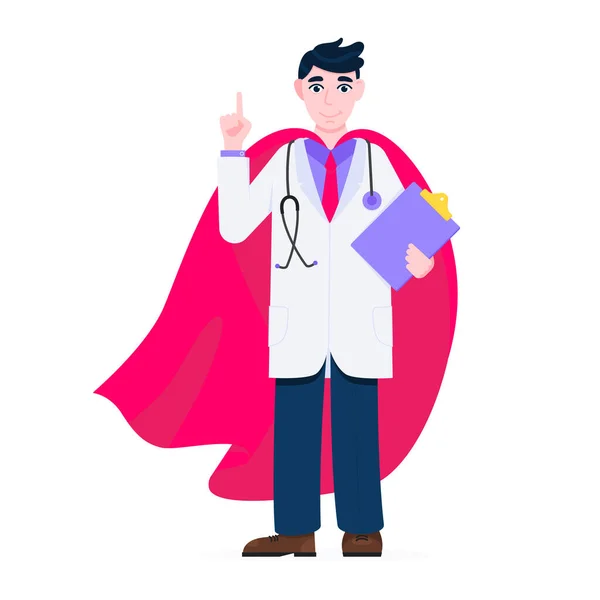Young adult doctor hospital medical employee with hero cape behind fights against diseases. — Stock Vector