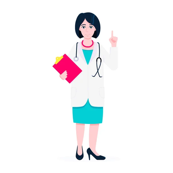 Médica mulher de pé e segurando prancheta e estetoscópio com dedo indicador de design de estilo plano ilustração vetorial —  Vetores de Stock