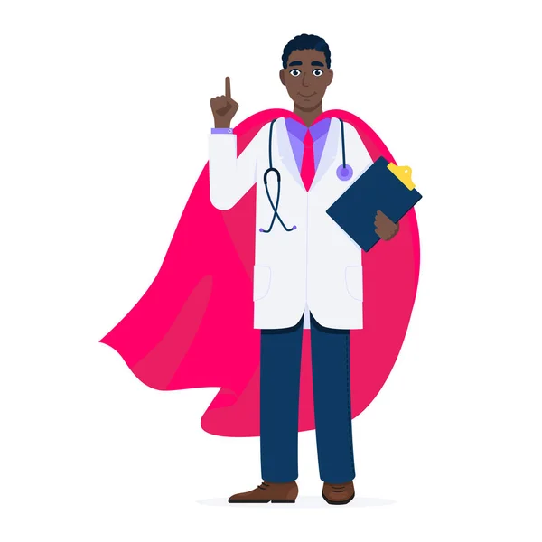 Young adult doctor hospital medical employee with hero cape behind. — Stock Vector