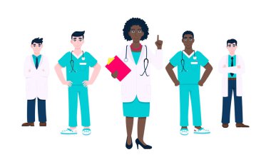 Başarılı doktor ekibi, beyaz arka planda izole edilmiş tıbbi personel vektör çizimi..