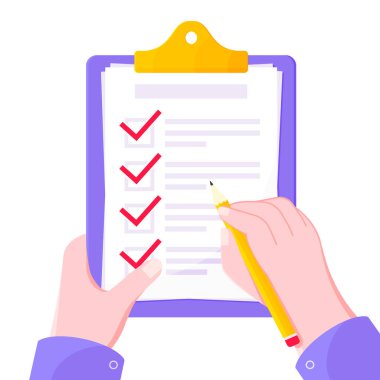 Kontrol listesi düz stil tasarım işaret çizelgesine sahip elle tutma panosu.