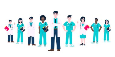 Başarılı doktor ekibi, beyaz arka planda izole edilmiş tıbbi personel vektör çizimi..