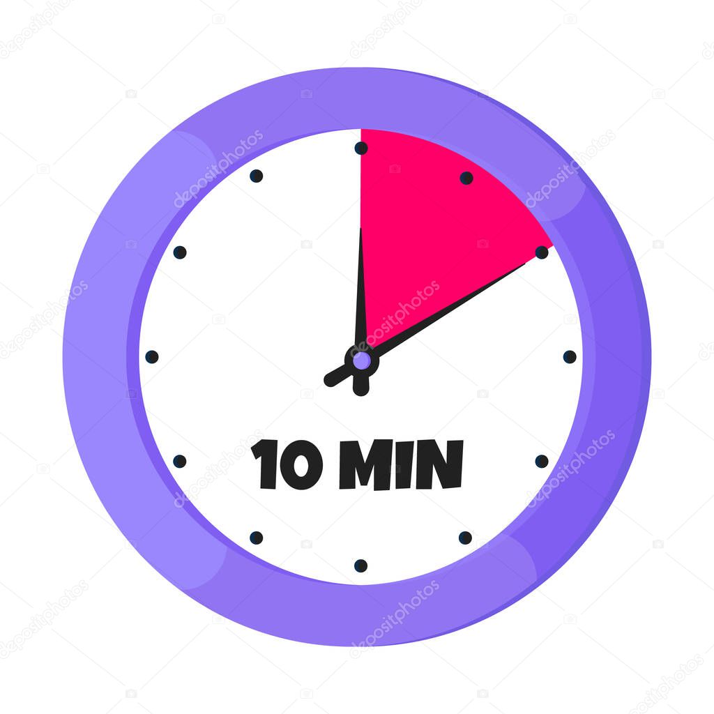 Ten minutes on analog clock face flat style design vector illustration icon sign isolated on white background. Analogue wall clock 10 minutes time management business concept.