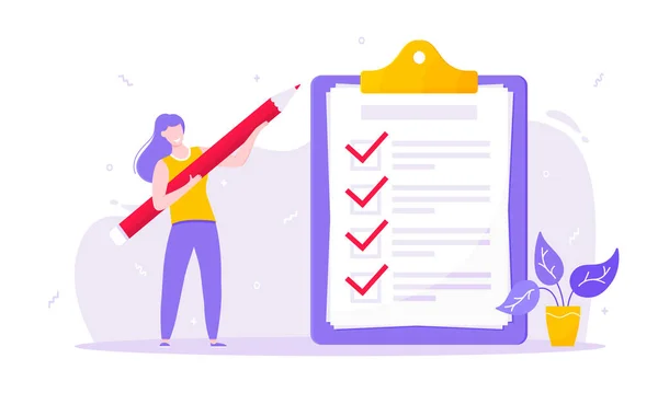 タスクは、近くの巨大なクリップボードの完全なチェックリストを鉛筆で小さな人とビジネスコンセプトを行った — ストックベクタ