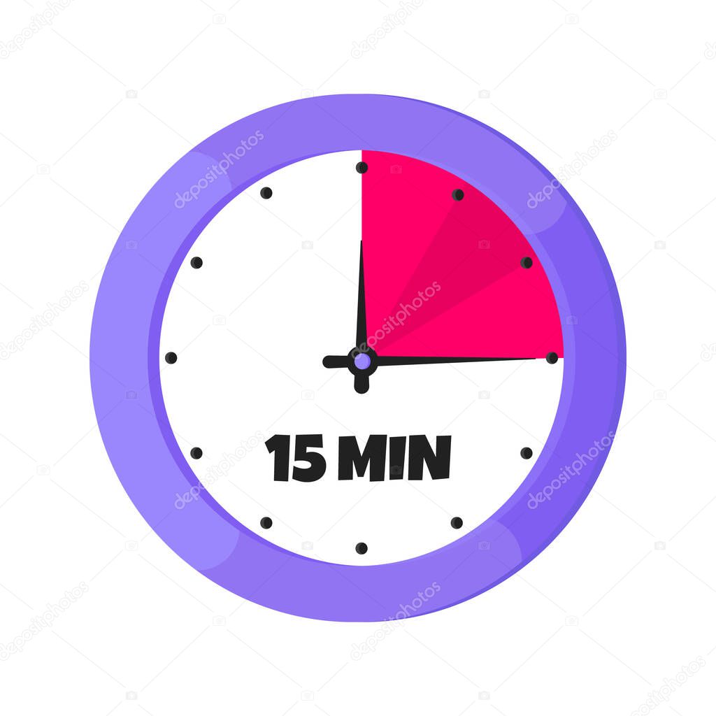 Fifteen minutes on analog clock face flat style design vector illustration icon sign isolated on white background. Analogue wall clock 15 minutes time management business concept.