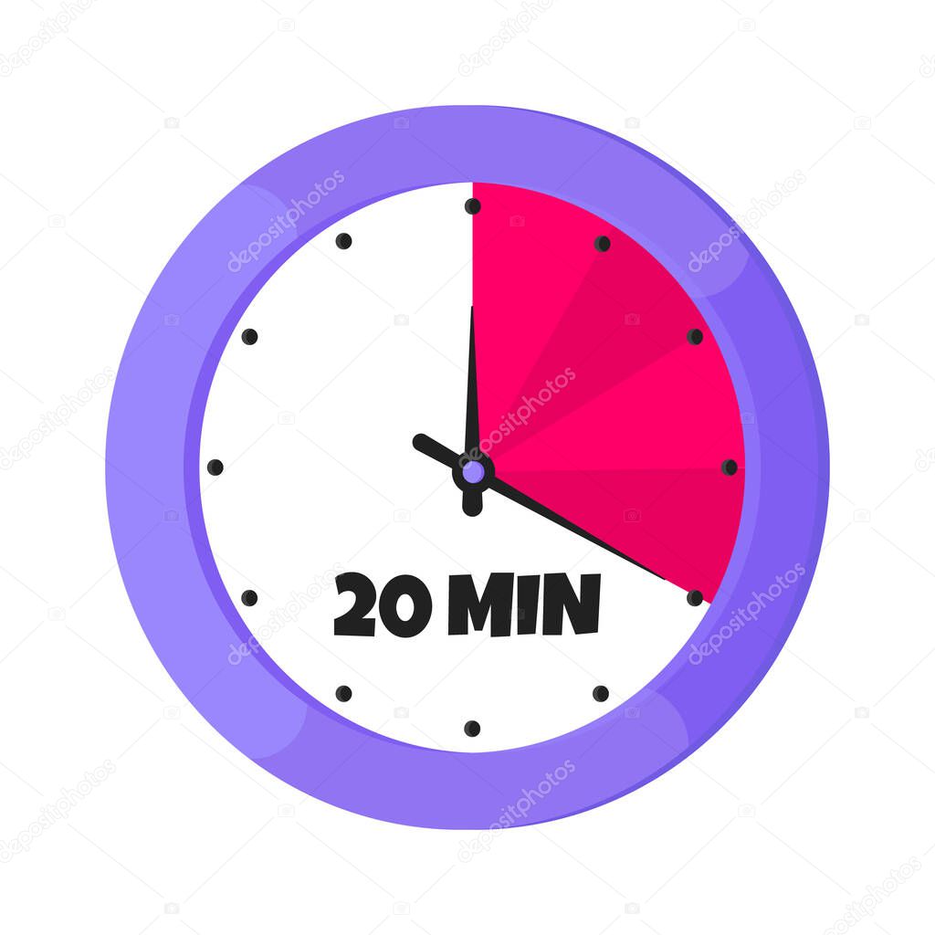 Twenty minutes on analog clock face flat style design vector illustration icon sign isolated on white background. Analogue wall clock 20 minutes time management business concept.