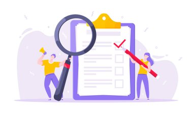 Görev tamamlandı. Küçük insanlar megafon, büyüteç ve kalem kullanıyorlar.