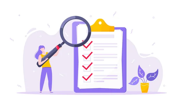 Aufgabe erledigt Geschäftskonzept kleine Person mit Vergrößerungsglas in der Nähe riesige Zwischenablage komplette Checkliste — Stockvektor