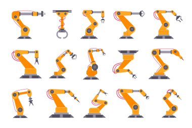 Beyaz arkaplanda izole edilmiş robotik kol düz stil tasarım vektör çizimi.