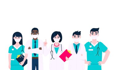 Başarılı doktor ekibi, beyaz arka planda izole edilmiş tıbbi personel vektör çizimi..