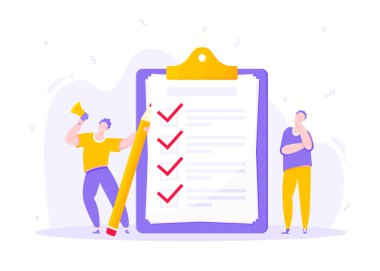 Megafonlu küçük insanlarla yapılan iş konsepti, dev panoların yakınındaki kalem tam kontrol listesi.