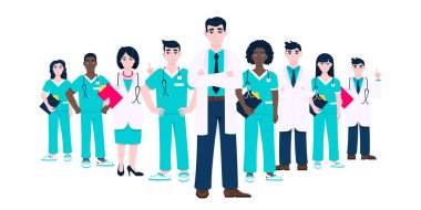 Yüz maskeli tıbbi personel doktor ekibi klinik çalışanı illüstrasyonu