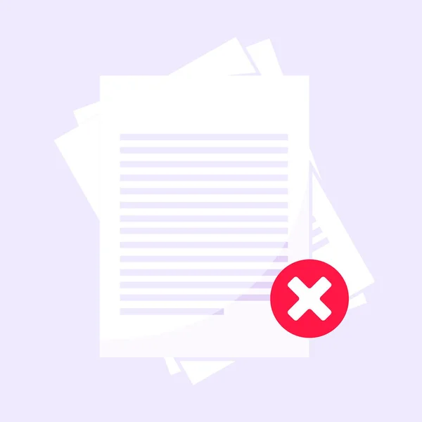 Odmítnutý formulář žádosti nebo úvěru na něm, papírové listy a zamítnutý křížek. — Stockový vektor