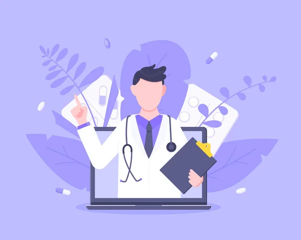 Laptop Vektör Illüstrasyonundaki Doktorla Çevrimiçi Doktor Hizmeti Kavramı Hastalara Teletıp — Stok Vektör