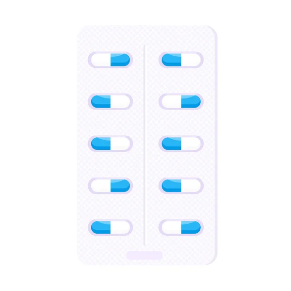 Tabletta Buborékcsomagolás Kék Fehér Kapszulával Lapos Stílusú Design Vektor Illusztráció — Stock Vector