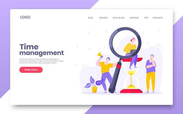 Бизнес-концепция управления временем с крошечными людьми, гигантскими песочными часами и символом лупы, работающими на его ноутбуке с плоским дизайном векторной иллюстрации. landing web page template.