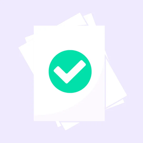 紙シートと緑のチェックマークが付いている正しいドキュメント検証コンセプト — ストックベクタ