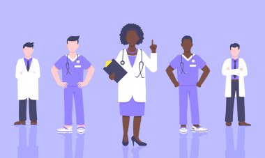 Yüz maskeli tıbbi personel doktor ekibi klinik çalışanı illüstrasyonu.