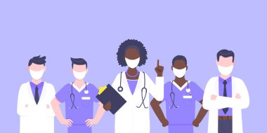 Yüz maskeli tıbbi personel doktor ekibi klinik çalışanı illüstrasyonu.
