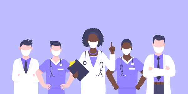 Personnel médical médecin équipe avec masque visage clinique employé vecteur illustration. — Image vectorielle