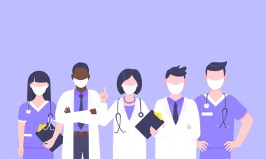 Yüz maskeli tıbbi personel doktor ekibi klinik çalışanı illüstrasyonu.