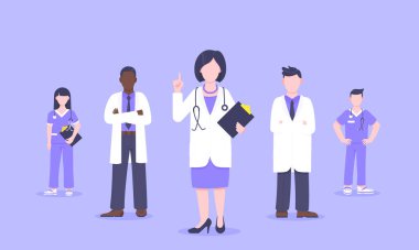 Yüz maskeli tıbbi personel doktor ekibi klinik çalışanı illüstrasyonu.