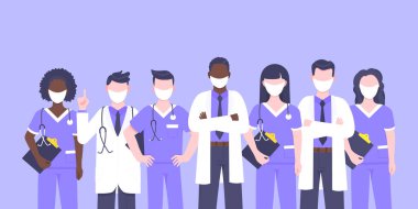 Yüz maskeli doktor ekibi. Klinik çalışanı çizimi..